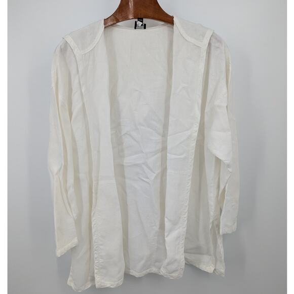 Eileen Fisher L White Hooded Cardigan 100% Linen Open Front Deep Pockets Beach - Picture 1 of 7